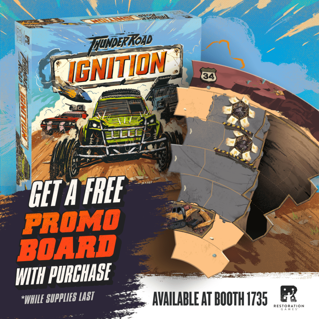 Official Restoration Games promotional image for the Thunder Road Ignition Sinkhole Swerve Gen Con promo road board.