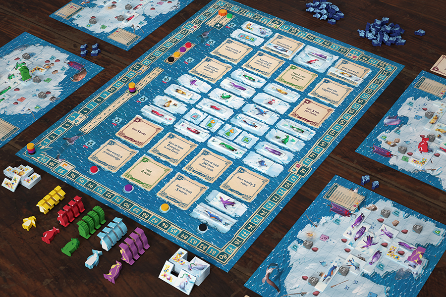 Official The Isle of Penguins table image from The City of Games showing the board, rafts, cards, and penguin components.