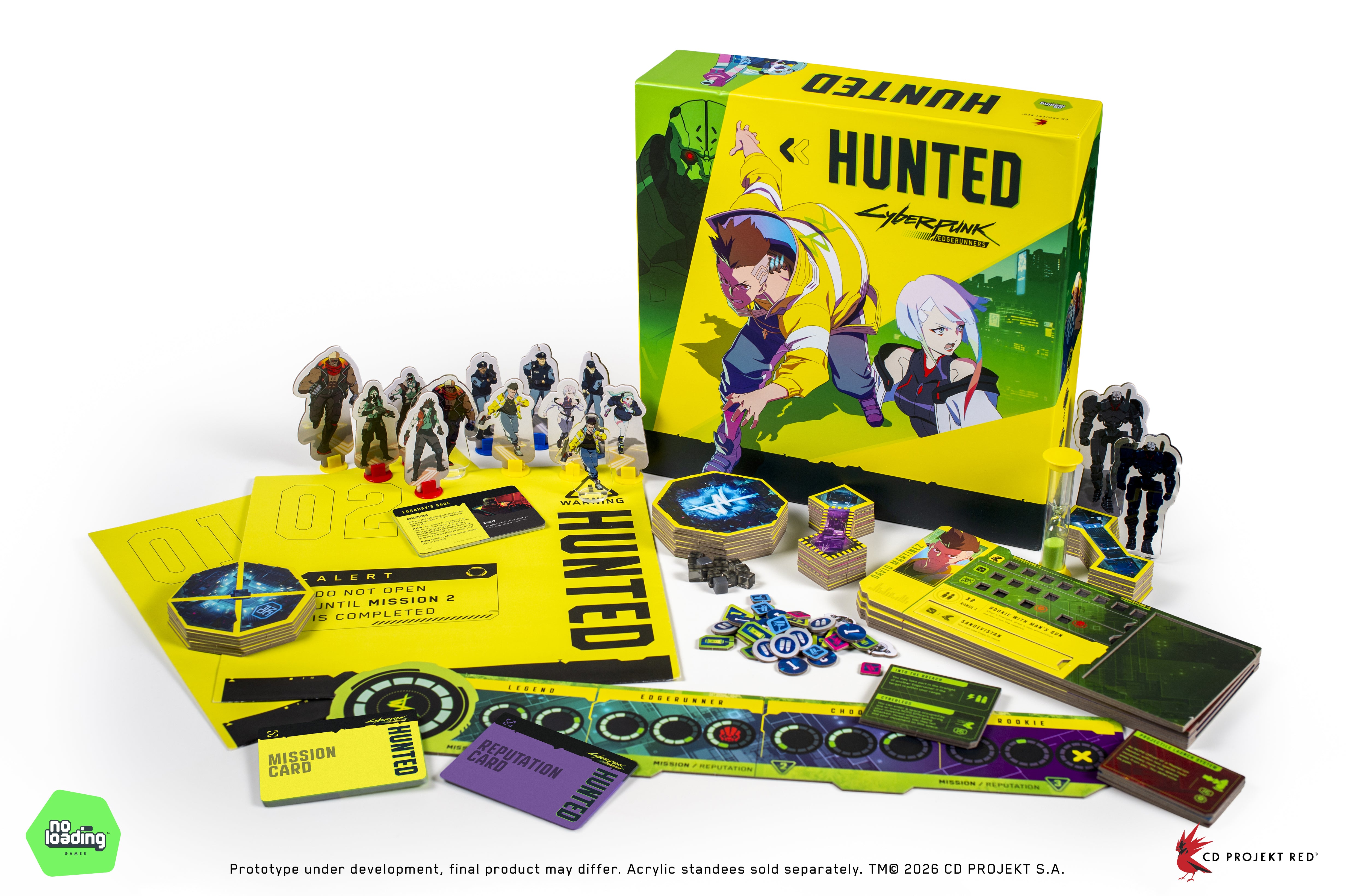 Official No Loading Games product image showing Cyberpunk: Edgerunners - Hunted components and standees on the table.
