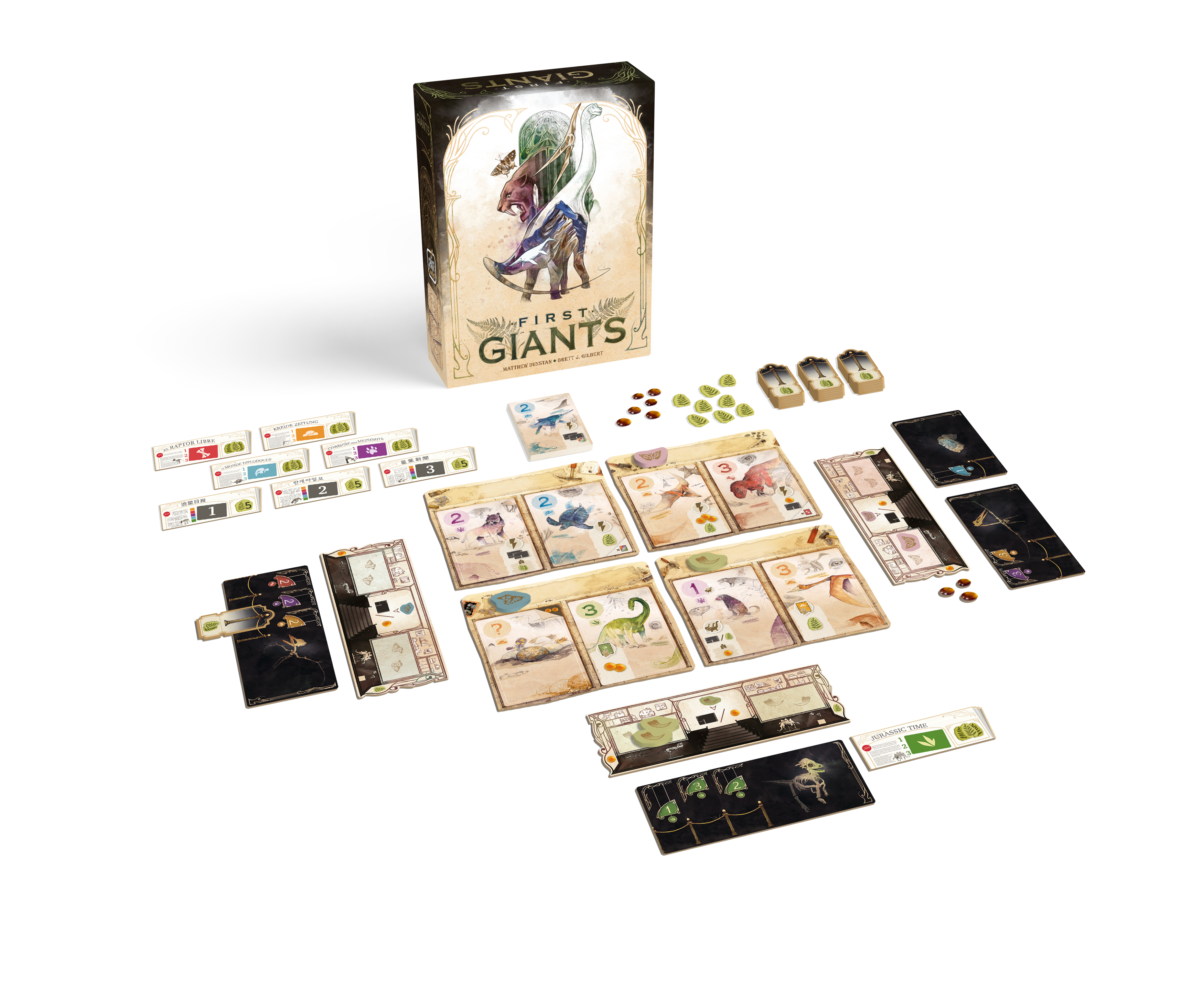 Official First Giants component spread from Space Cowboys showing the box contents used as a supporting visual in GameGuideDog coverage.