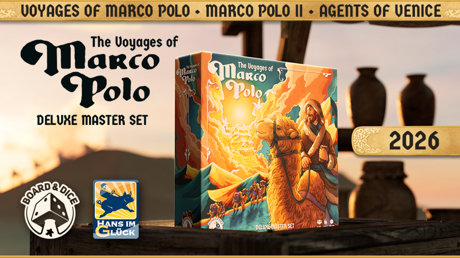 Official Gamefound campaign image showing the Marco Polo Deluxe Master Set and its refreshed full-series presentation.