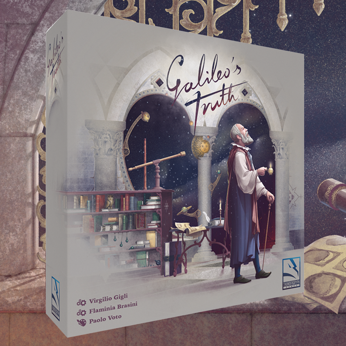 Official Galileo’s Truth square campaign image from Gamefound showing the game box art.