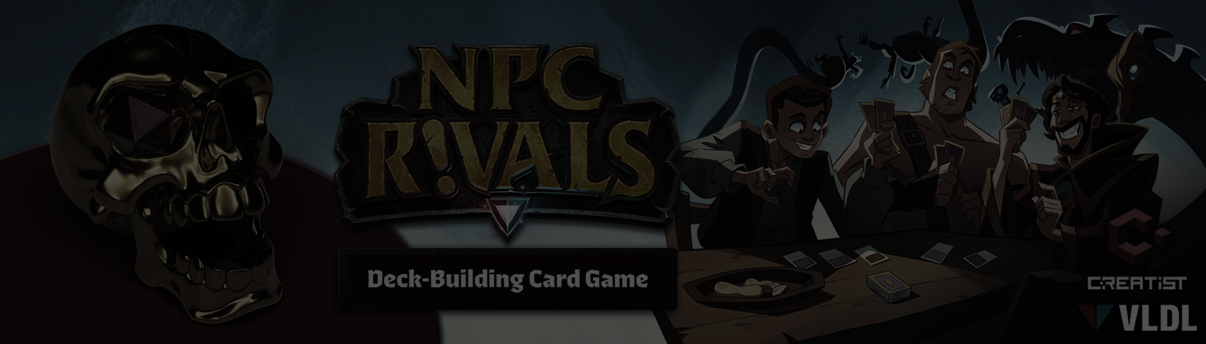 Official NPC Rivals campaign banner from Gamefound showing the card game branding and Viva La Dirt League tabletop art.