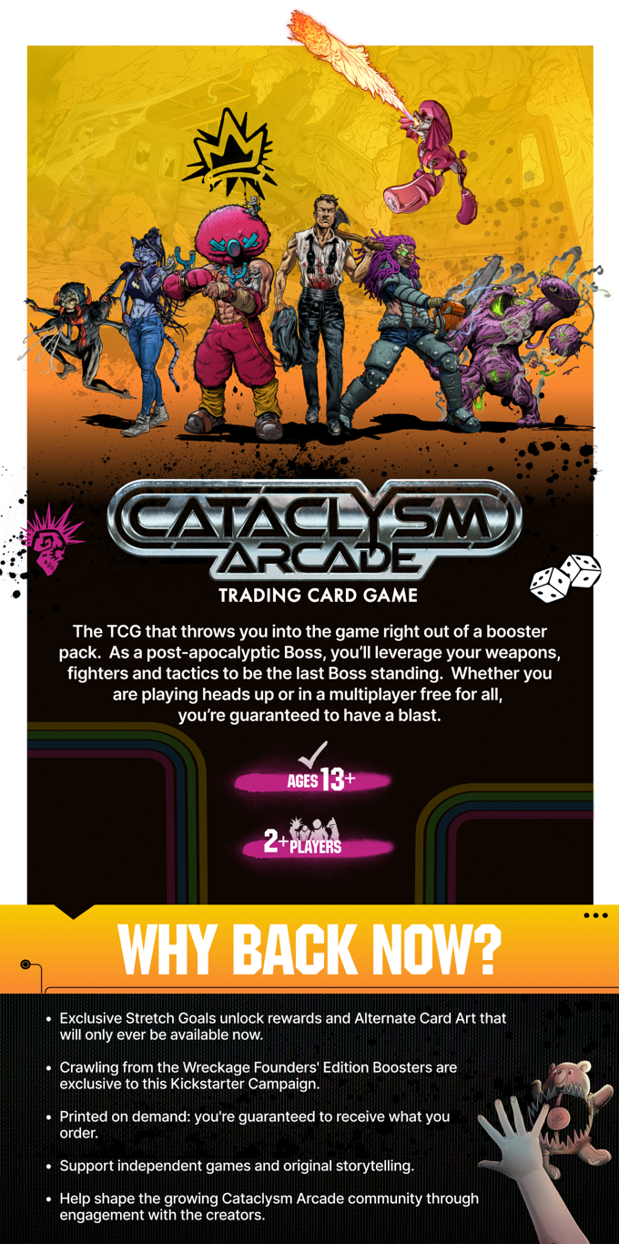 Official Cataclysm Arcade TCG campaign explainer image from Kickstarter used as a supporting visual in GameGuideDog coverage.