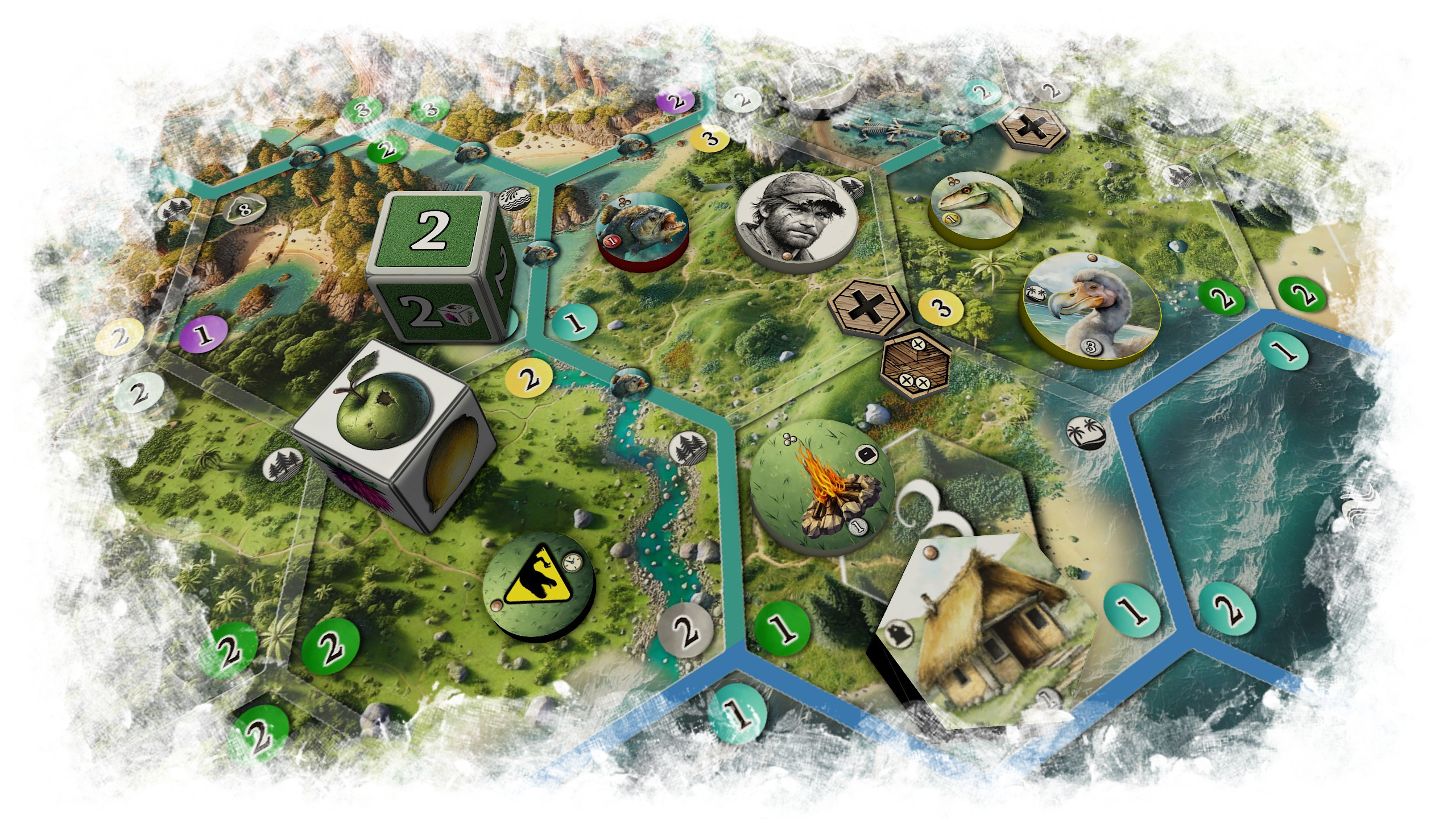 Official Gamefound campaign image for Jurassic Crisis showing board, cards, miniatures, and prototype presentation material from Sperling Spiele.