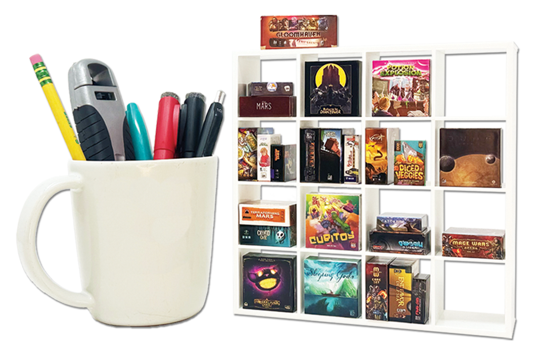 Official Brotherwise Games Shelfy product image showing the miniature shelf, mini board-game boxes, cards, and packaging.