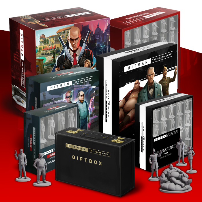 Official Hitman: The Board Game product image from Gamefound showing a miniatures-focused edition used as a buyer-facing supporting visual in GameGuideDog coverage.
