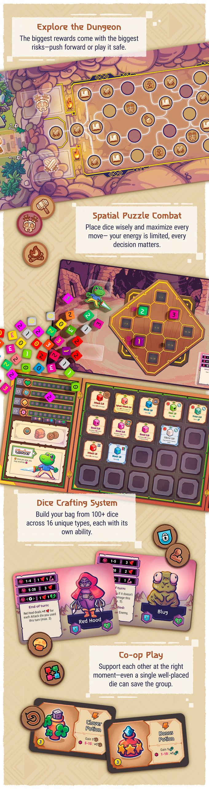 Official Die in the Dungeon: The Board Game campaign image showing examples of the exploration track, battle board, dice crafting, and co-op card systems.