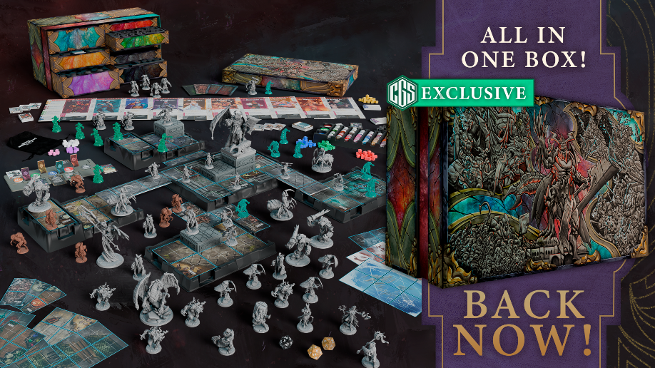 Official Gamefound gallery image showing the board, components, and setup for Chronicles of Drunagor: Aftermath.