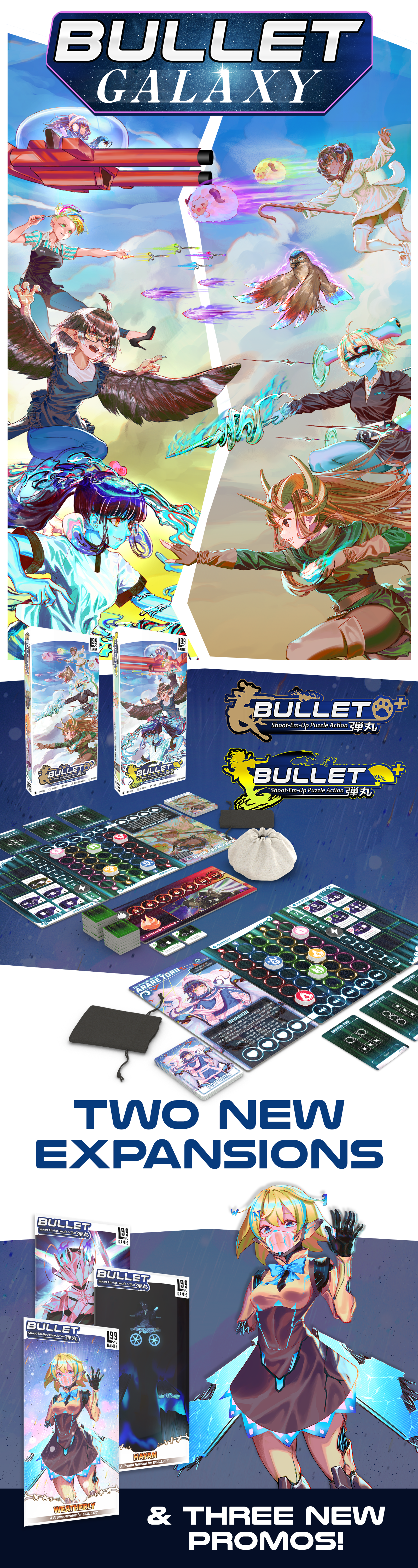 Official Bullet Galaxy campaign explainer image from Gamefound showing Level 99 Games expansion information.