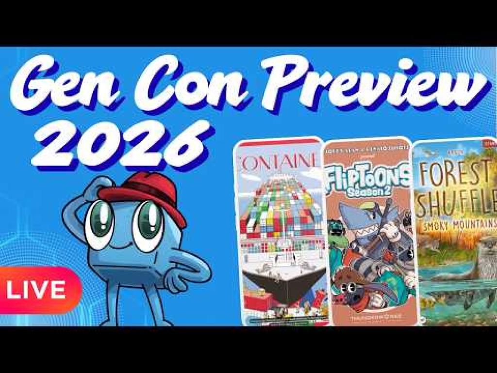 The Dice Tower Gen Con Preview 2026 thumbnail showing the live preview label and several upcoming board-game boxes.