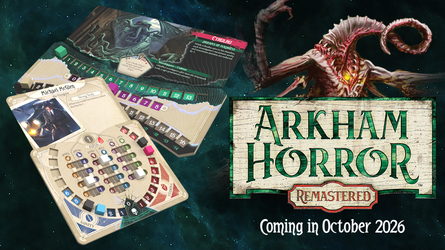 Official Gamefound image showing Arkham Horror Remastered investigator and Ancient One dashboards with components.