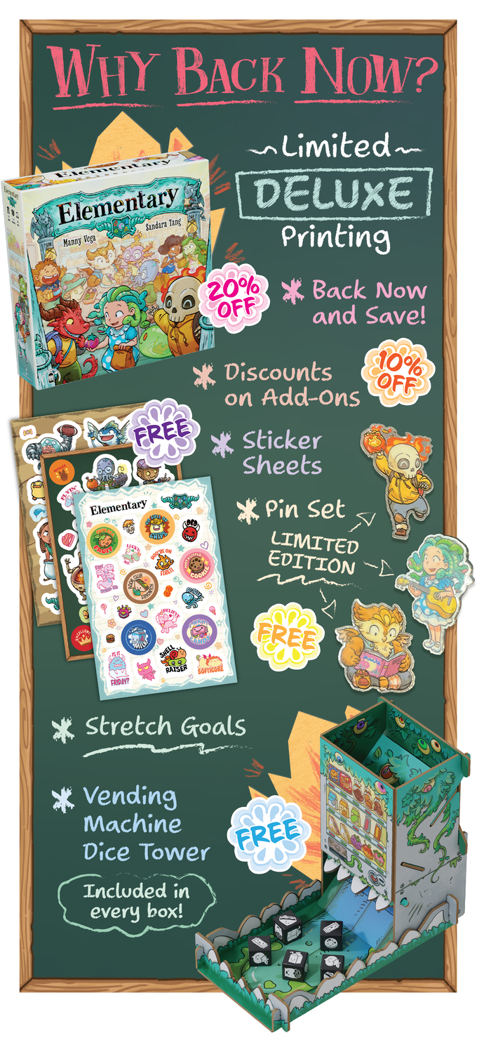Official Elementary Kickstarter campaign graphic explaining the limited deluxe printing, stretch goals, stickers, pins, discounts, and vending-machine dice tower.