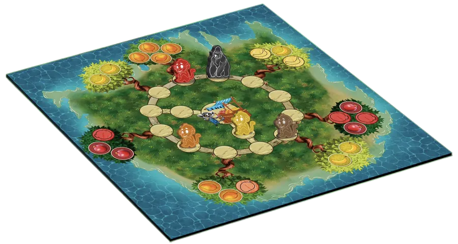 Fruit Island preview image showing player pieces, fruit tokens, and the gorilla figure on the island board.
