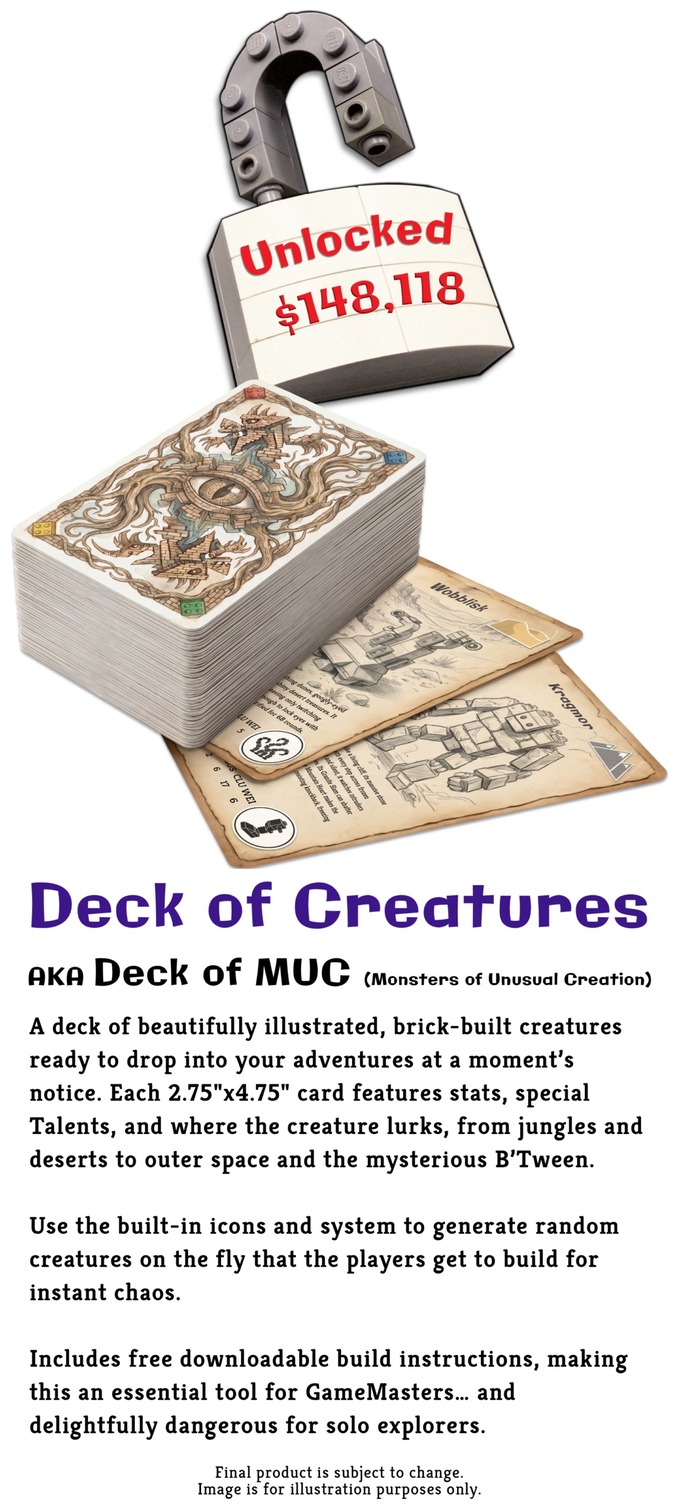 Official Epic Brick Adventures image from the Kickstarter campaign showing the unlocked Deck of Creatures stretch goal.