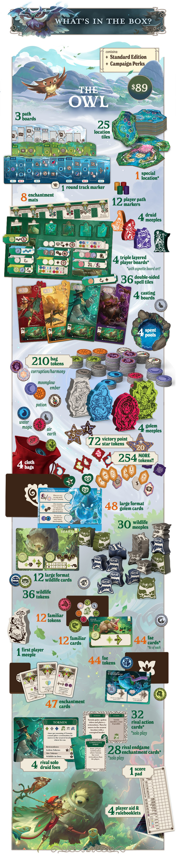Official Whisperwood Kickstarter campaign art showing game components and the magical forest setting.