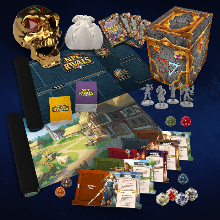 Official NPC Rivals product image from Gamefound showing the tabletop card game box and included campaign package.
