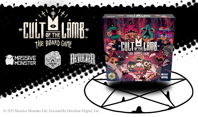 Official Paper Fort Games image showing the Cult of the Lamb: The Board Game box and component preview.