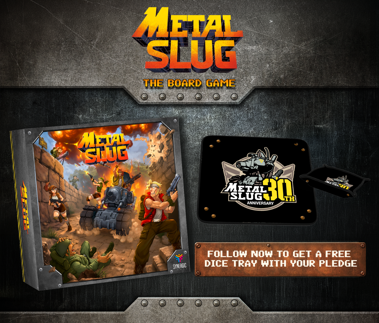 Oficjalna grafika ze strony projektu Metal Slug: The Boardgame na Gamefound pokazująca kampanijny key art.