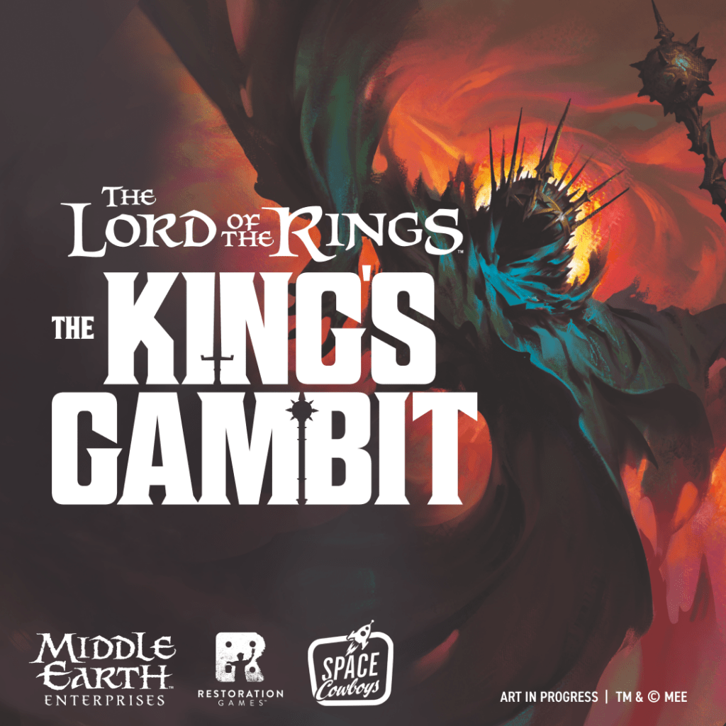 Official Restoration Games promotional image showing the Witch-king miniature offer for The Lord of the Rings The King's Gambit at Gen Con 2026.