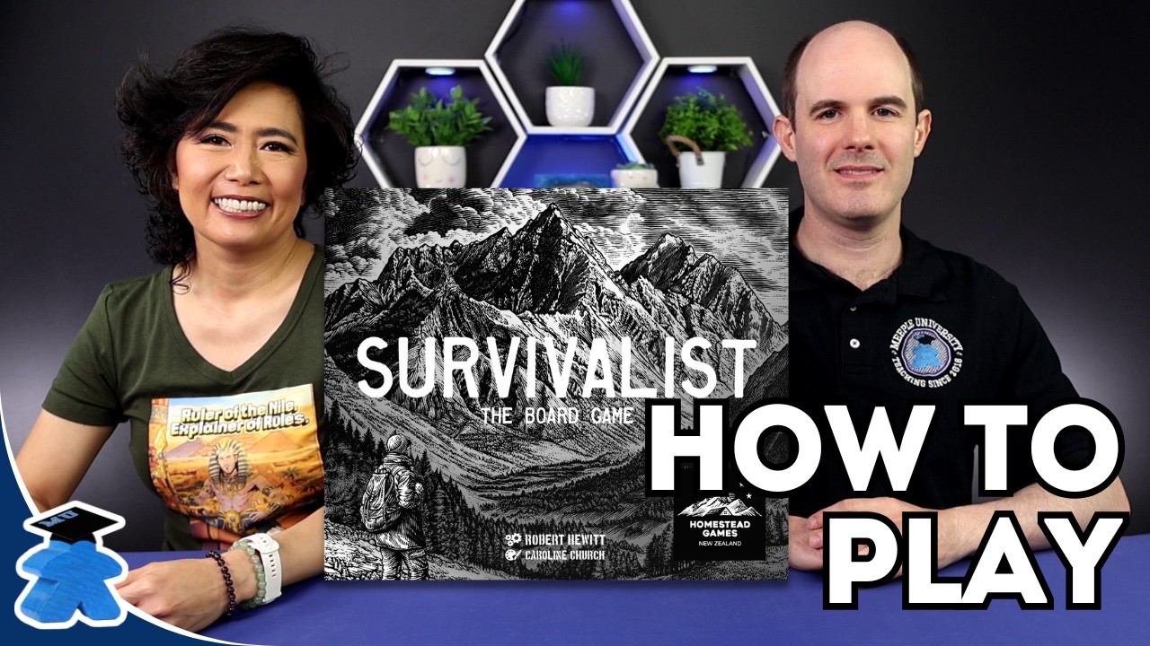 Meeple University how-to thumbnail for Survivalist showing the game's box art and tutorial framing.