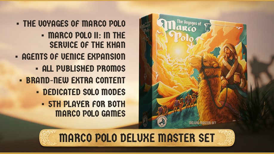 Official Gamefound component and product image from the Marco Polo Deluxe Master Set campaign preview.