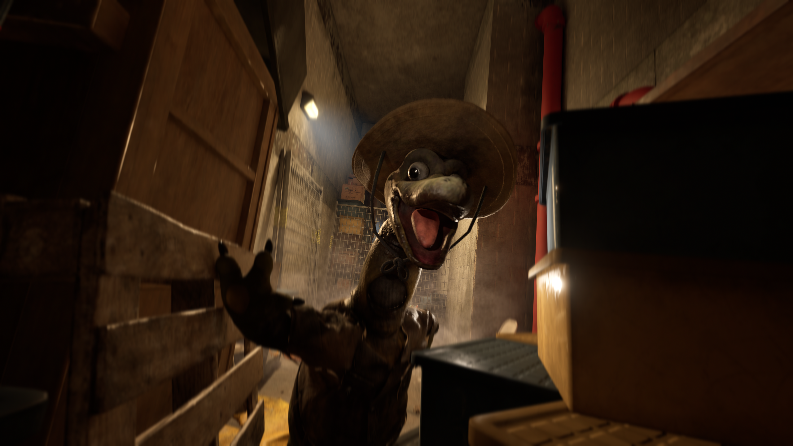 An open-mouthed dinosaur wearing a broad-brimmed hat reaches toward the camera in a narrow service corridor.