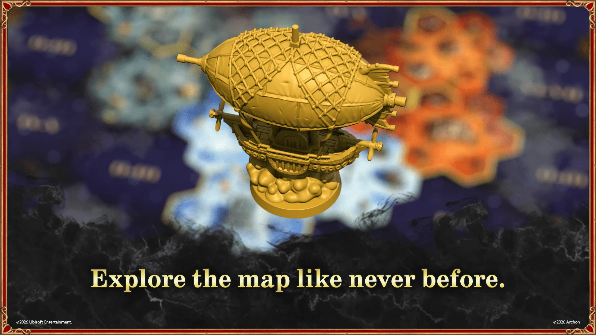Official promotional render of a gold-colored Factory airship miniature above a board-game map.