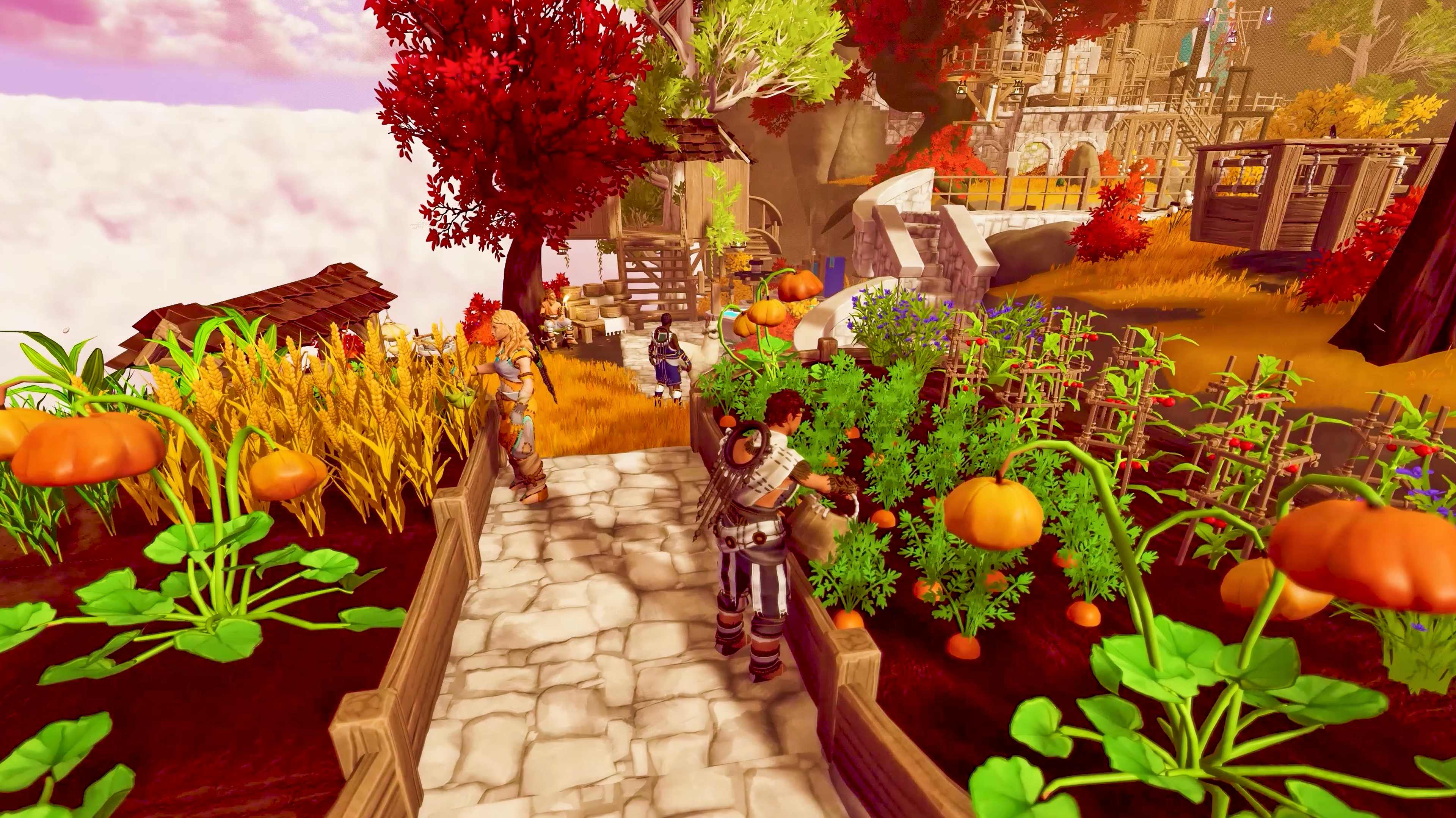 Characters stand between planted vegetable beds and wooden buildings on an autumn-colored island.