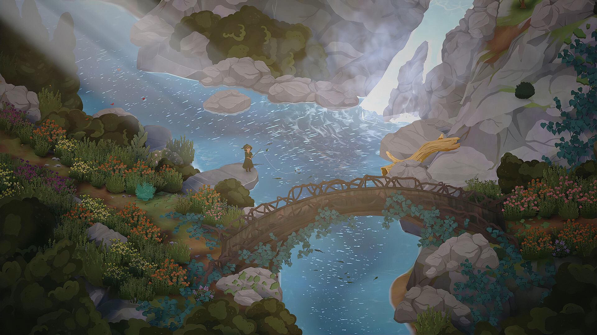 A character fishes near a waterfall and wooden bridge in Songs of Glimmerwick.