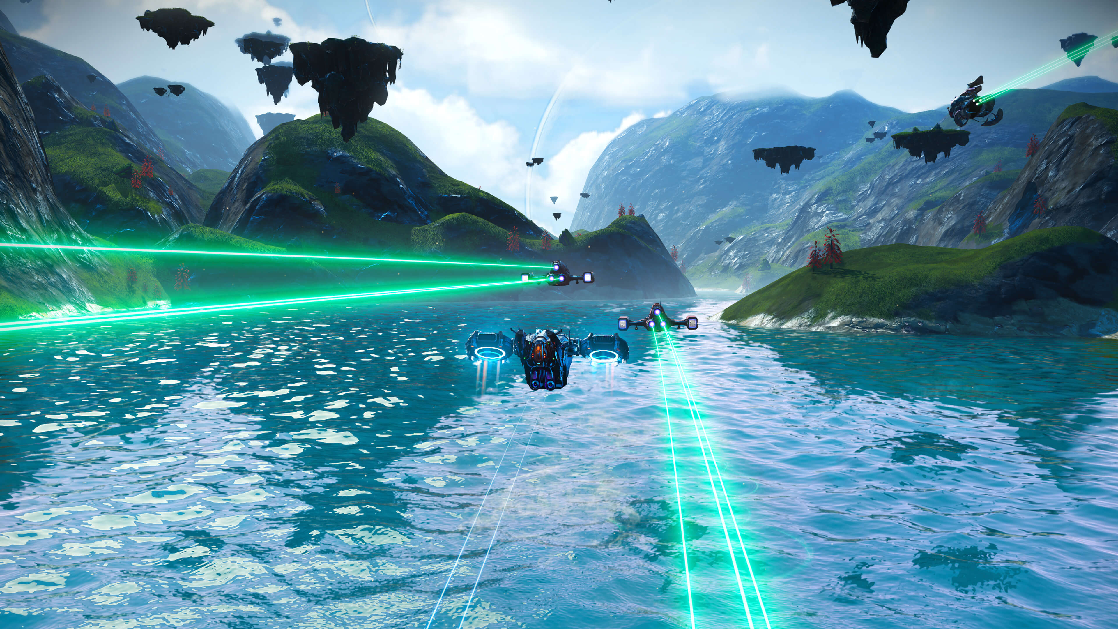 Spacecraft exchanging green laser fire above water between steep green cliffs and floating islands.