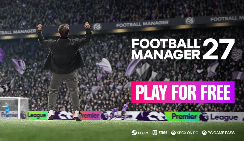 FM27 free-play promotional art with a celebrating manager and PC storefront logos.