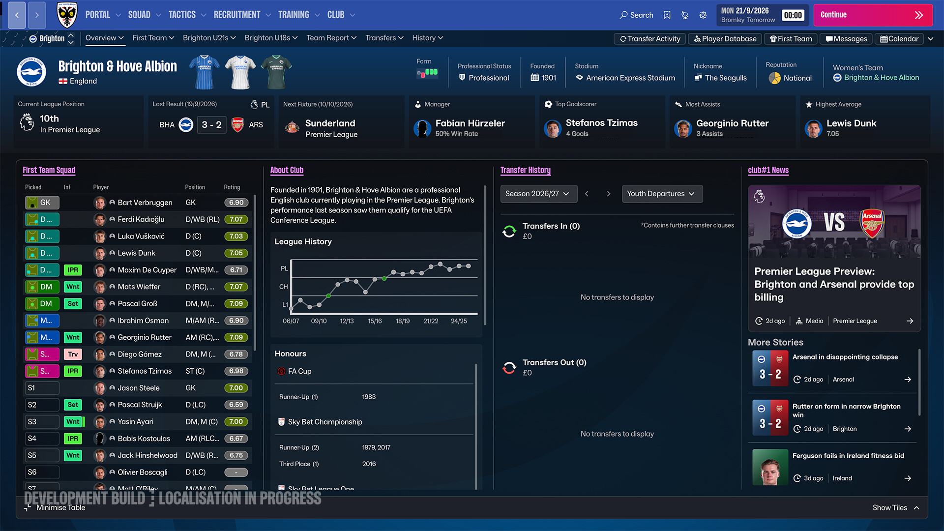 FM27’s Brighton club overview with squad, club history and news panels, labeled development build.