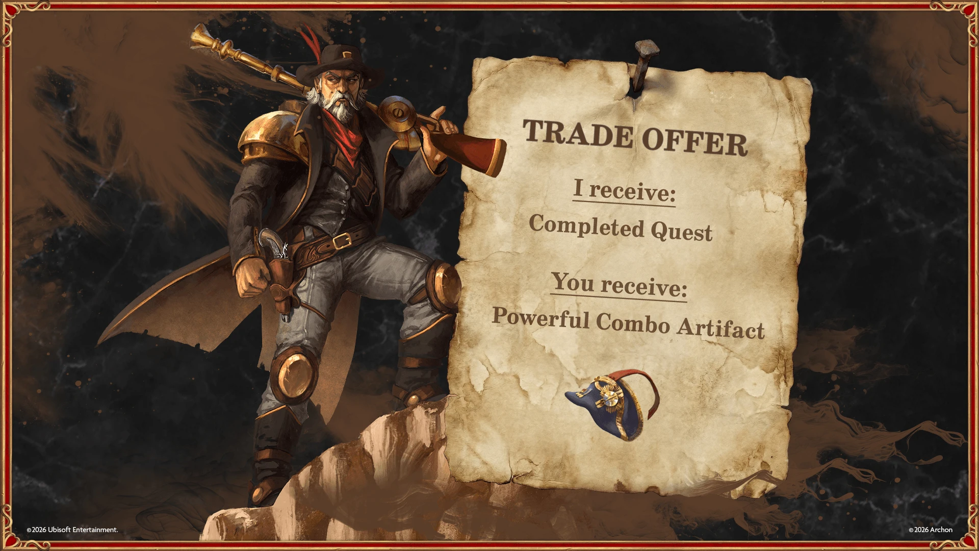 Official Forge promotional illustration of a rifle-bearing quest giver offering a Combo Artifact for a completed quest.