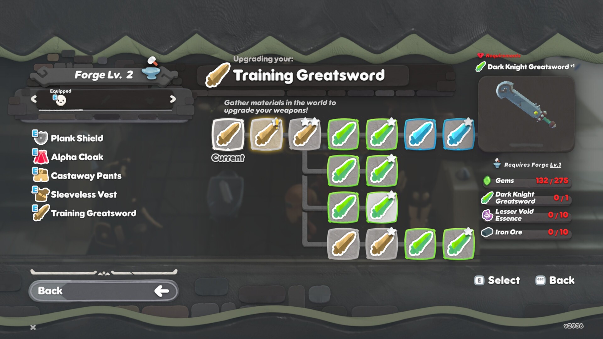 Official Scramble Knights Online screenshot showing a branching greatsword upgrade menu, equipment and material requirements.
