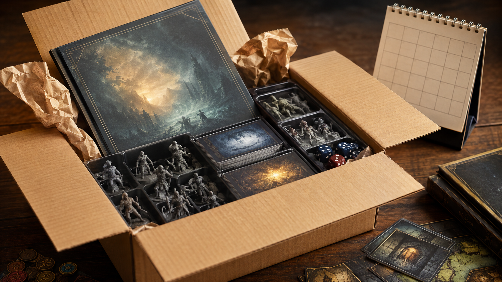 GameGuideDog editorial illustration of generic tabletop components packed in a shipping carton beside a blank calendar.