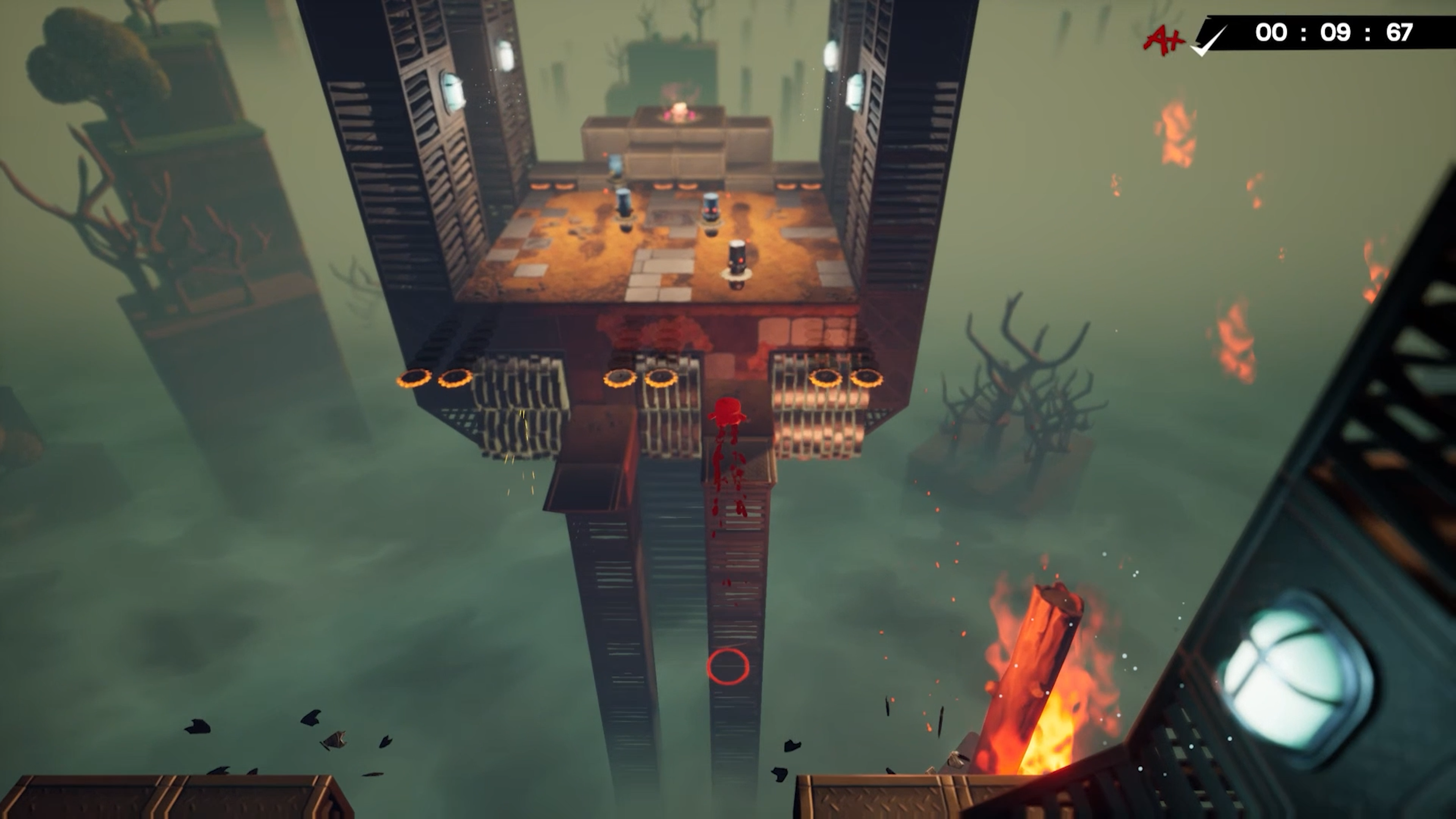 Oficjalny screenshot z Super Meat Boy 3D od PlayStation pokazujący kamerę i układ poziomu w 3D.