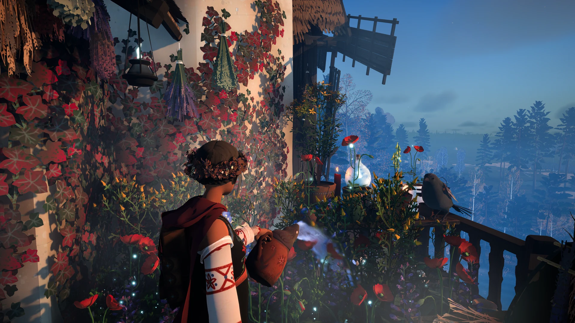 A REKA character waters flowers on a decorated balcony with a bird perched nearby.