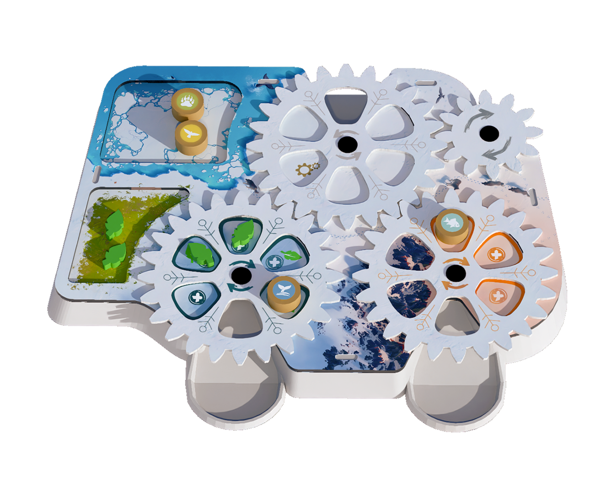 Official ARCTICA player-board illustration showing connected generation gears and animal tokens.