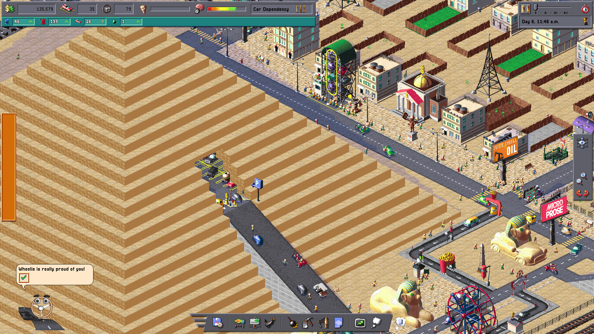 Roads and parking construction run through a stylized pyramid complex, with cars and a sphinx-shaped building.