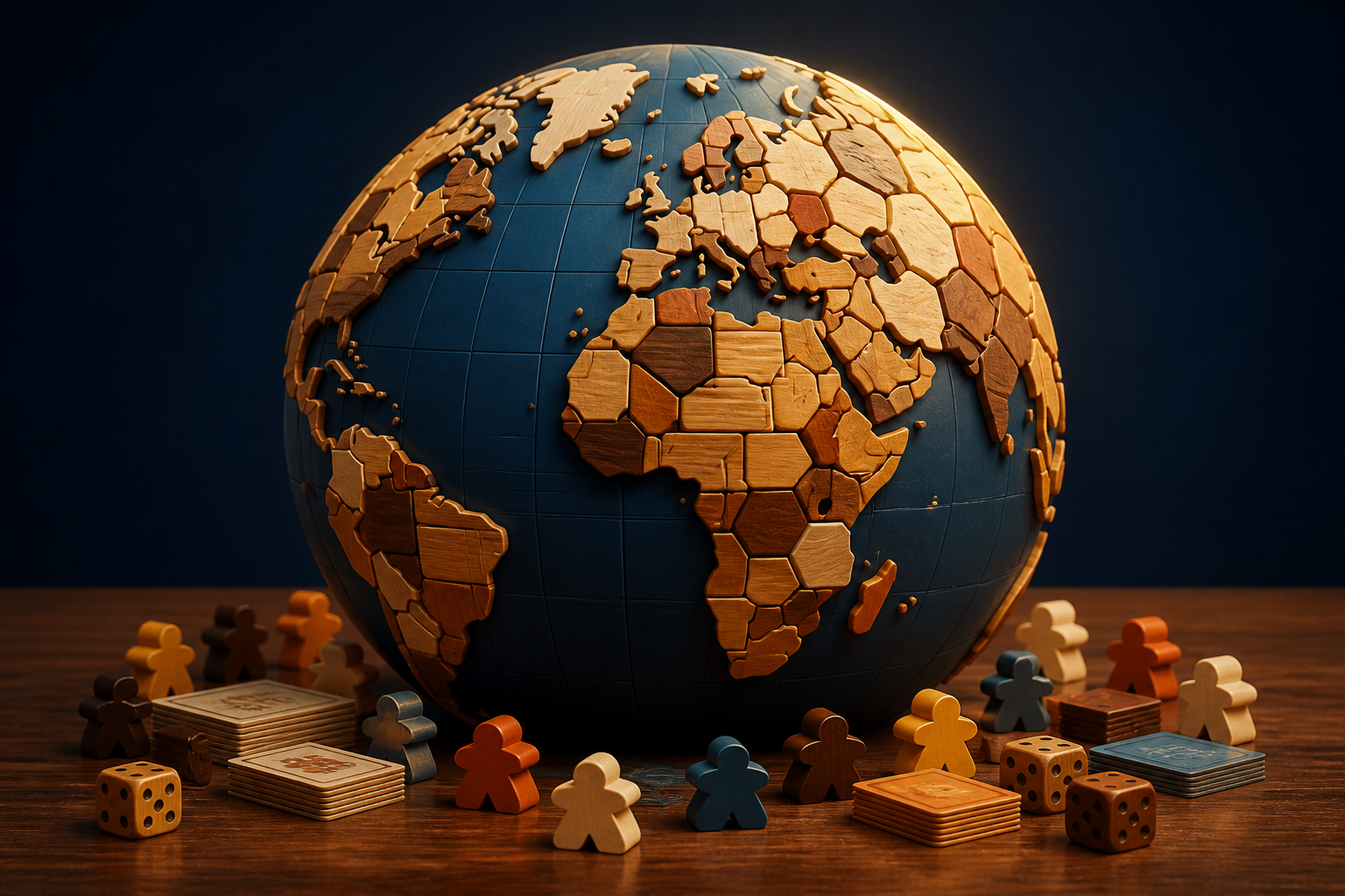 Original editorial illustration of a tabletop-style globe surrounded by generic game pieces, representing international publishing.