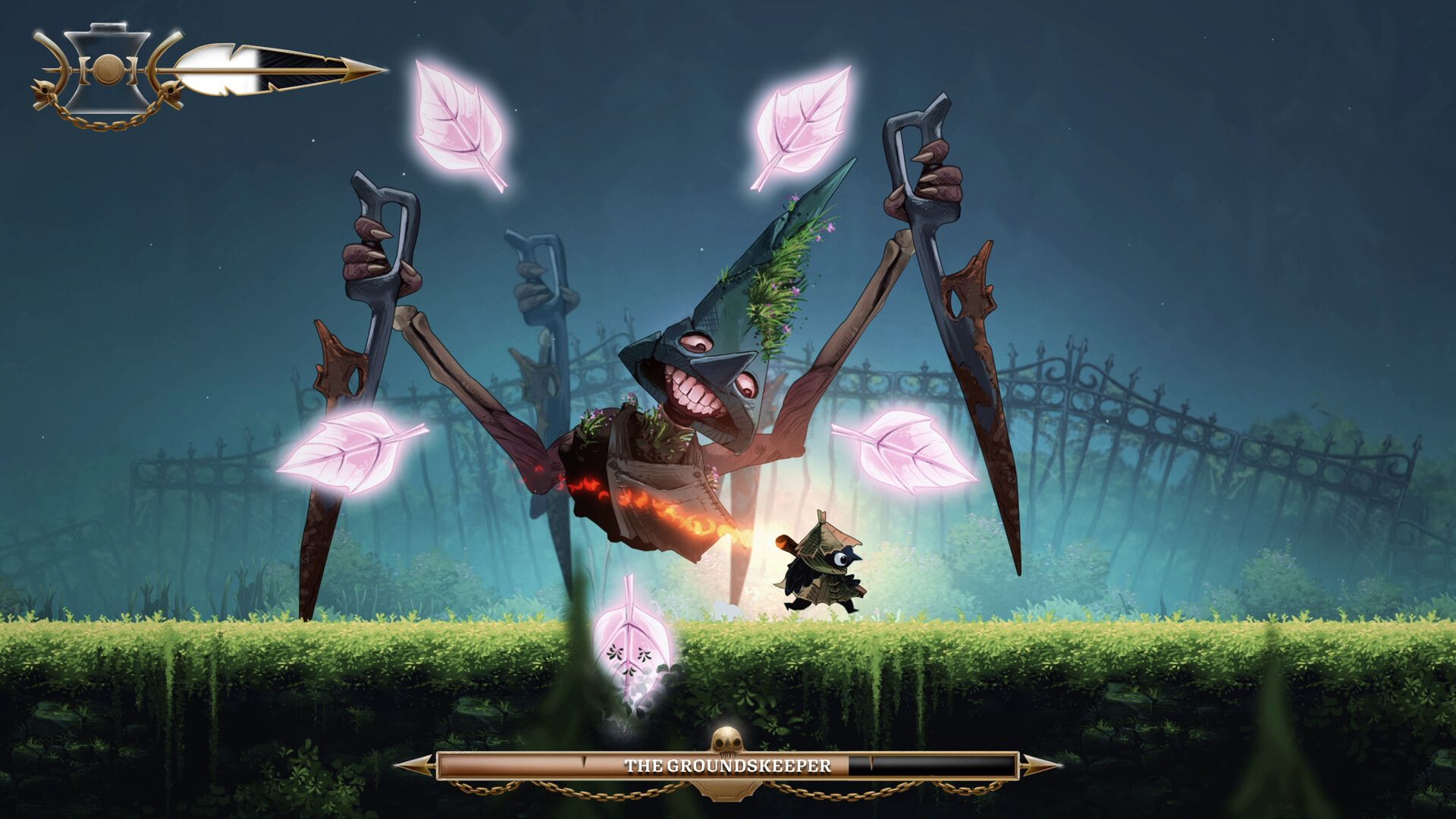 Glimmer faces the Groundskeeper boss and floating pink leaves in a forest arena.