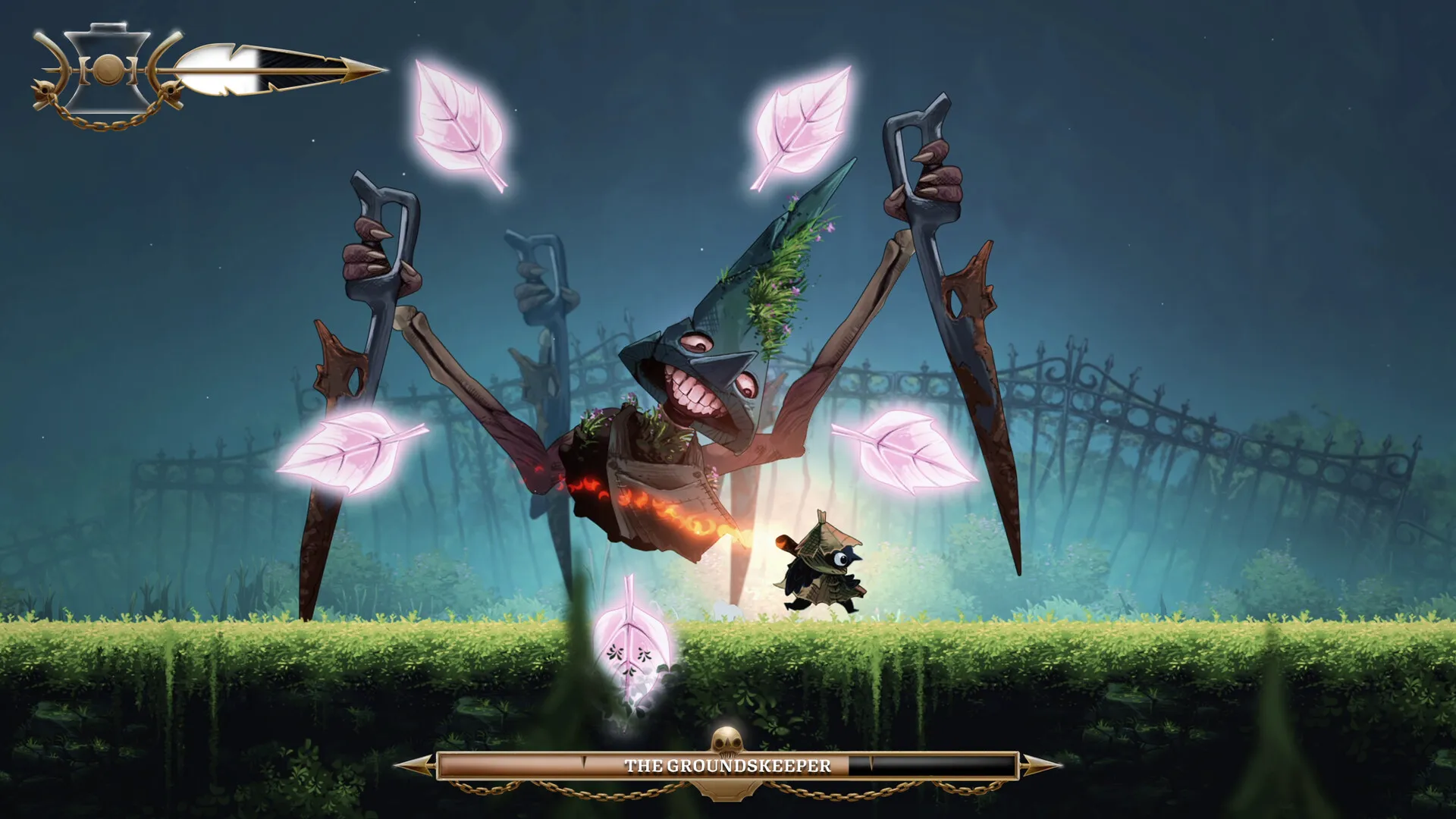 Glimmer faces the Groundskeeper boss and floating pink leaves in a forest arena.