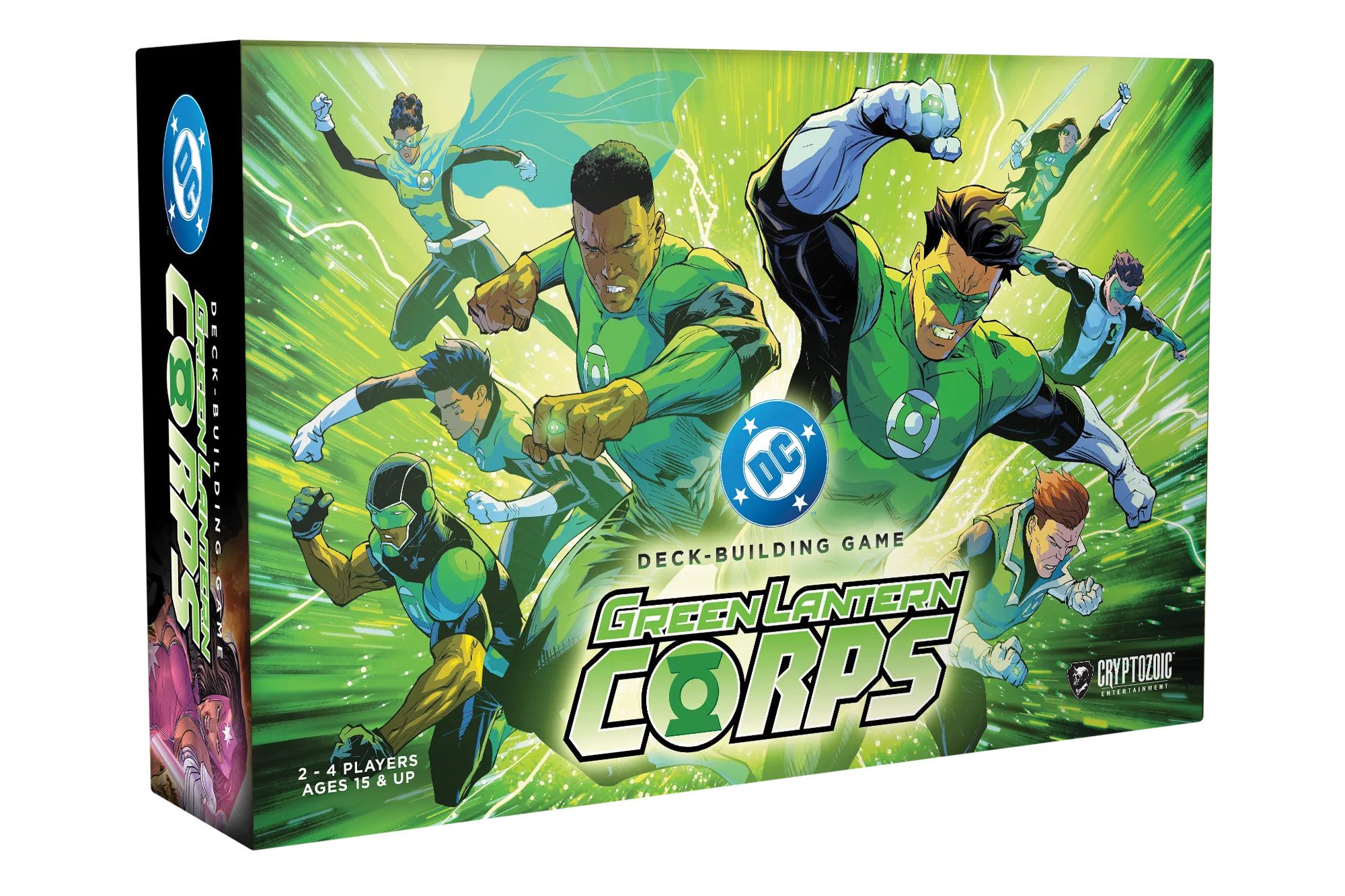 Official Cryptozoic box art for DC Deck-Building Game: Green Lantern Corps, showing Green Lantern characters against a green energy background.