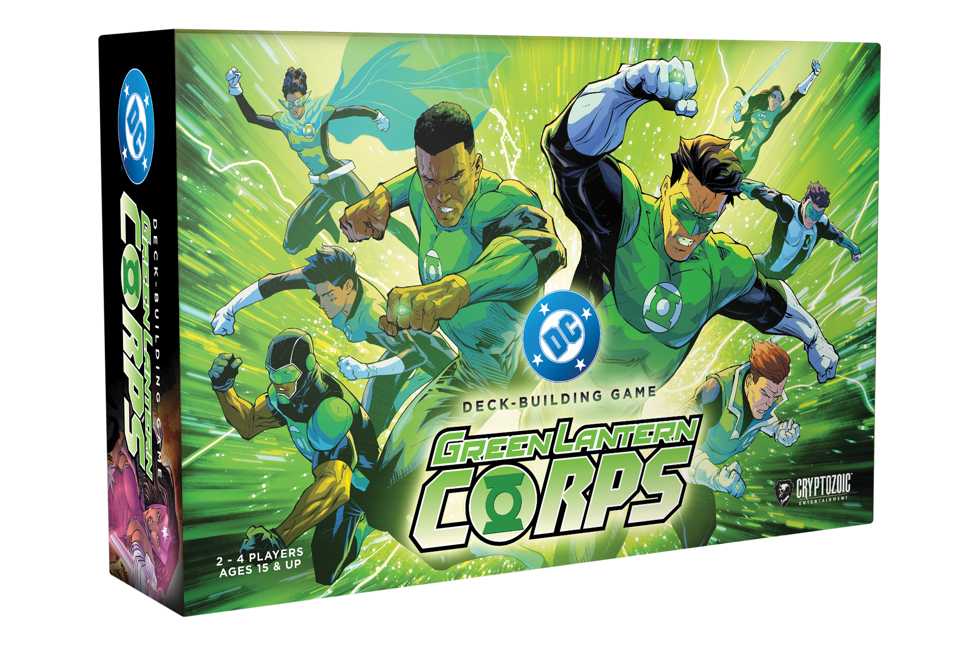 Official Cryptozoic box art for DC Deck-Building Game: Green Lantern Corps, showing Green Lantern characters against a green energy background.