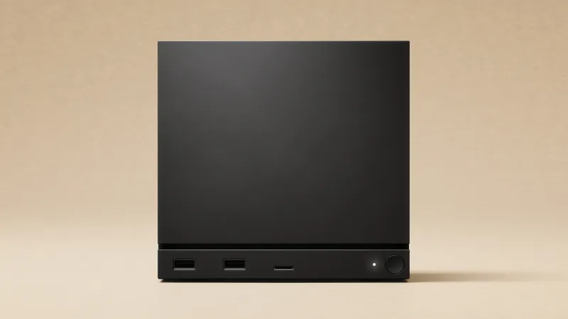 Official Valve Steam Machine product image showing the black small-form-factor PC from the front on a beige background.