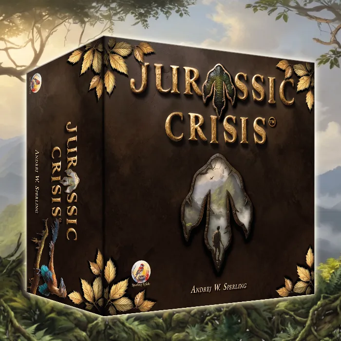 Official Jurassic Crisis Gamefound campaign box art from Sperling Spiele, showing a survivor facing dinosaurs on a prehistoric island.