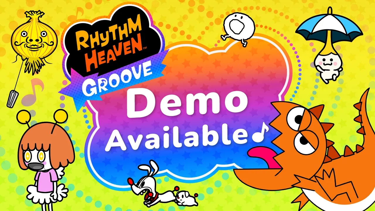 Official Rhythm Heaven Groove art showing the game logo and a collage of colorful rhythm-game characters and scenes.