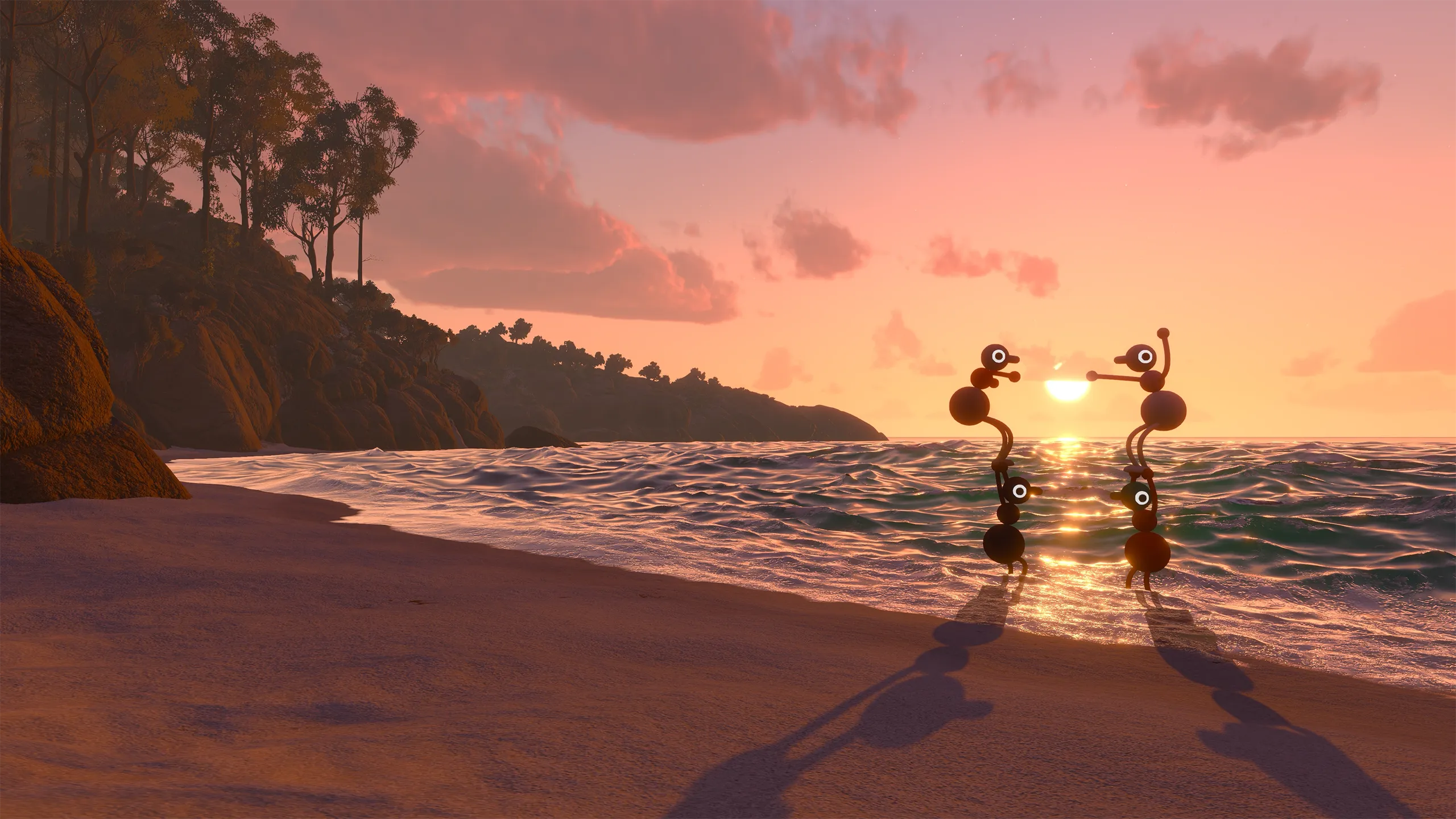 Official Big Walk screenshot showing two players standing in shallow water at sunset on a beach.
