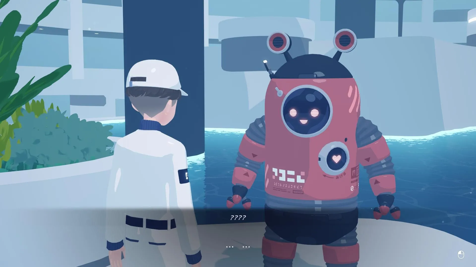 Official D-topia screenshot showing the Facilitator standing across from a pink service robot in a bright indoor plaza.
